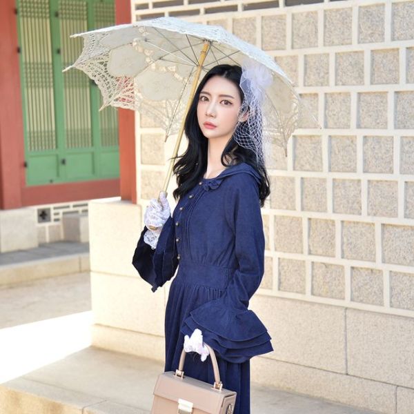 블루 봄과 가을감성 경성의복 개화기 의상원피스 여성 롱원피스