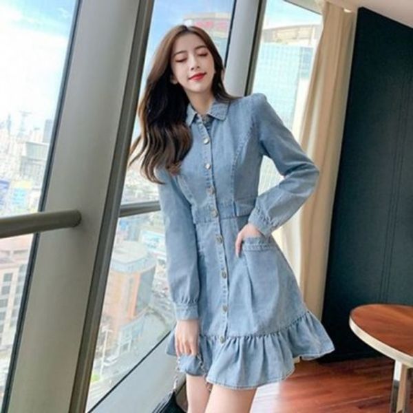 긴팔 데님원피스 프릴 앞단추 슬림핏 F60396 청원피스